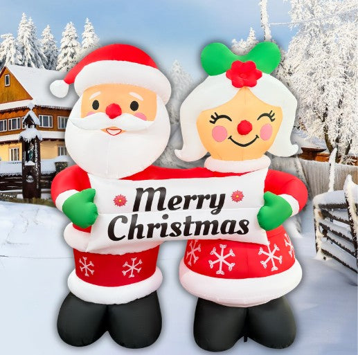 GOOSH 7FT Santa and Mrs. Claus Christmas Inflatable Holding “Happy Holidays” Sign with LED Lights