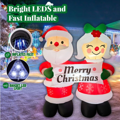 GOOSH 7FT Santa and Mrs. Claus Christmas Inflatable Holding “Happy Holidays” Sign with LED Lights