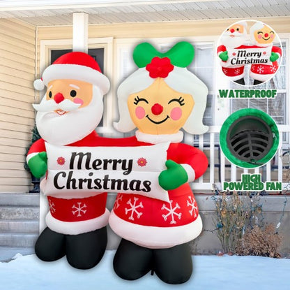 GOOSH 7FT Santa and Mrs. Claus Christmas Inflatable Holding “Happy Holidays” Sign with LED Lights
