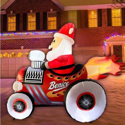 GOOSH 8FT Santa in Hot Rod Inflatable with LED Lights for Outdoor Chri