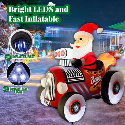 GOOSH 8FT Santa in Hot Rod Inflatable with LED Lights for Outdoor Christmas Yard Décor