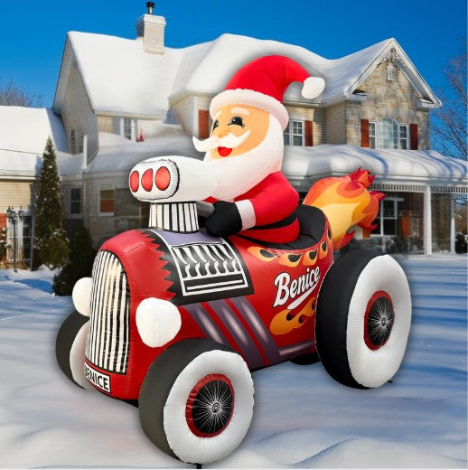 GOOSH 8FT Santa in Hot Rod Inflatable with LED Lights for Outdoor Christmas Yard Décor