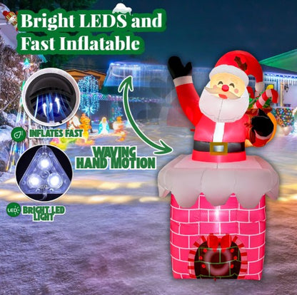 GOOSH 6FT Light-Up Santa in Chimney Christmas Inflatable with Candy Cane & Waving Arm
