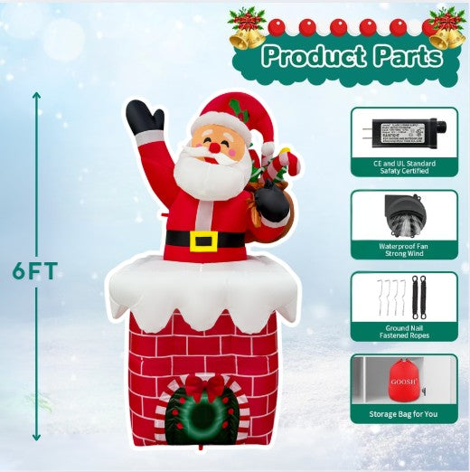GOOSH 6FT Light-Up Santa in Chimney Christmas Inflatable with Candy Cane & Waving Arm