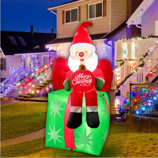 GOOSH 6FT Santa on Gift Box Inflatable with LED Lights for Outdoor Christmas Décor