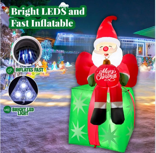 GOOSH 6FT Santa on Gift Box Inflatable with LED Lights for Outdoor Christmas Décor