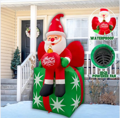 GOOSH 6FT Santa on Gift Box Inflatable with LED Lights for Outdoor Christmas Décor