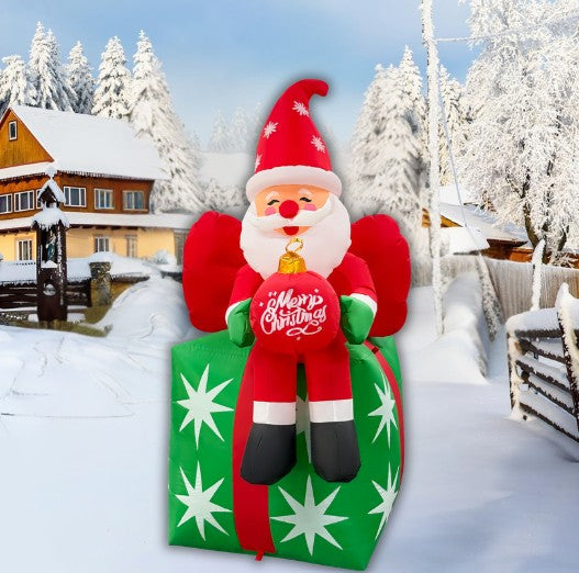 GOOSH 6FT Santa on Gift Box Inflatable with LED Lights for Outdoor Christmas Décor