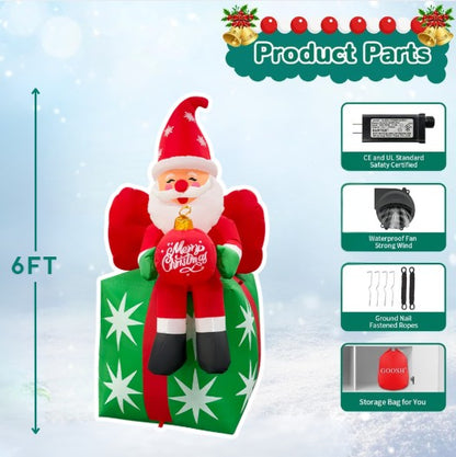 GOOSH 6FT Santa on Gift Box Inflatable with LED Lights for Outdoor Christmas Décor