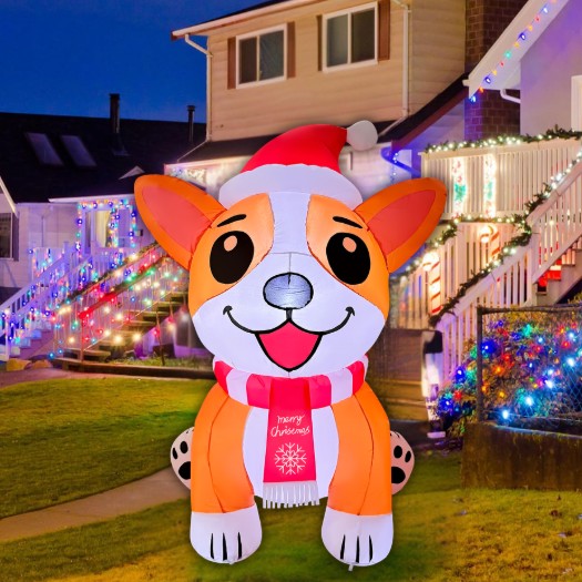 GOOSH 5.2FT Christmas Corgi Dog Inflatable with Santa Hat and LED Lights