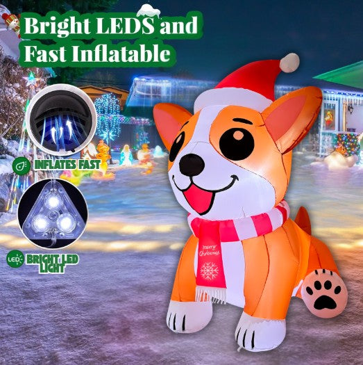 GOOSH 5.2FT Christmas Corgi Dog Inflatable with Santa Hat and LED Lights