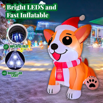 GOOSH 5.2FT Christmas Corgi Dog Inflatable with Santa Hat and LED Lights