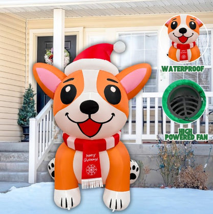 GOOSH 5.2FT Christmas Corgi Dog Inflatable with Santa Hat and LED Lights