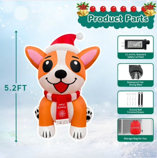GOOSH 5.2FT Christmas Corgi Dog Inflatable with Santa Hat and LED Lights