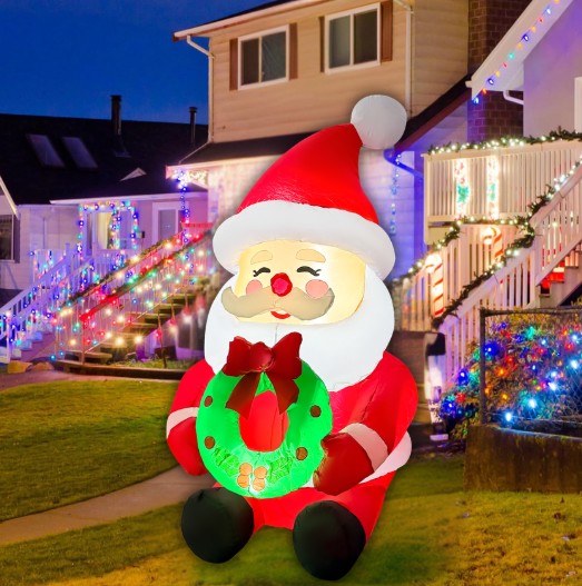 GOOSH 5.2FT Santa Holding Wreath Inflatable with LED Lights for Outdoor Christmas Décor