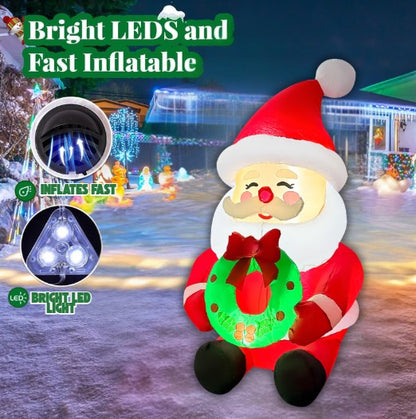 GOOSH 5.2FT Santa Holding Wreath Inflatable with LED Lights for Outdoor Christmas Décor