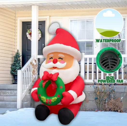 GOOSH 5.2FT Santa Holding Wreath Inflatable with LED Lights for Outdoor Christmas Décor