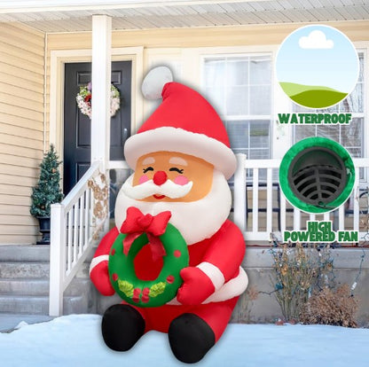 GOOSH 5.2FT Santa Holding Wreath Inflatable with LED Lights for Outdoor Christmas Décor