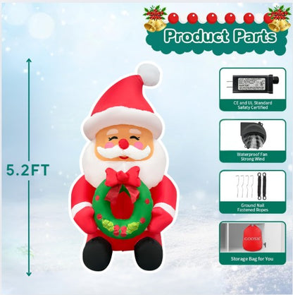GOOSH 5.2FT Santa Holding Wreath Inflatable with LED Lights for Outdoor Christmas Décor