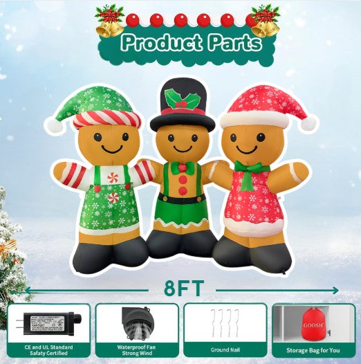 GOOSH 8FT Gingerbread Family Inflatable with LED Lights for Outdoor Ch
