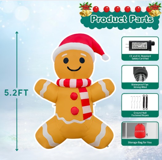 GOOSH 5.2FT Gingerbread Man Inflatable with Santa Hat and LED Lights for Christmas Décor