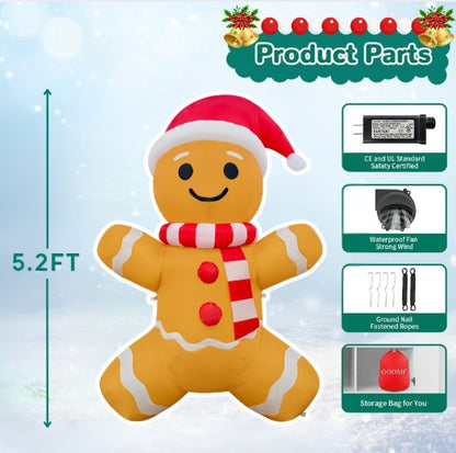 GOOSH 5.2FT Gingerbread Man Inflatable with Santa Hat and LED Lights for Christmas Décor