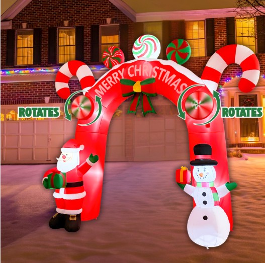 GOOSH 11FT Animated Candy Christmas Arch Inflatable with Santa & Snowman