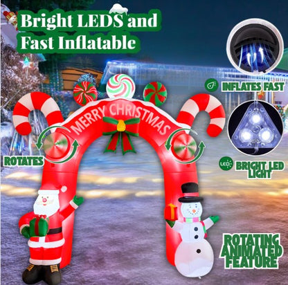 GOOSH 11FT Animated Candy Christmas Arch Inflatable with Santa & Snowman