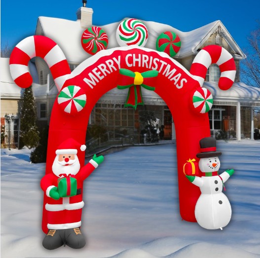 GOOSH 11FT Animated Candy Christmas Arch Inflatable with Santa & Snowman