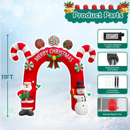 GOOSH 11FT Animated Candy Christmas Arch Inflatable with Santa & Snowman