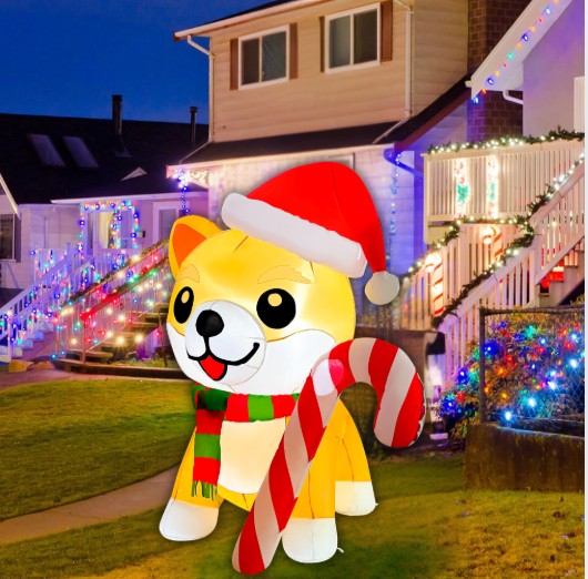 GOOSH 5.2FT Christmas Dog Inflatable with Candy Cane, Santa Hat, and LED Lights