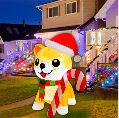 GOOSH 5.2FT Christmas Dog Inflatable with Candy Cane, Santa Hat, and LED Lights