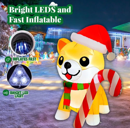 GOOSH 5.2FT Christmas Dog Inflatable with Candy Cane, Santa Hat, and LED Lights