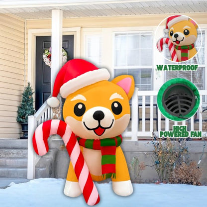 GOOSH 5.2FT Christmas Dog Inflatable with Candy Cane, Santa Hat, and LED Lights