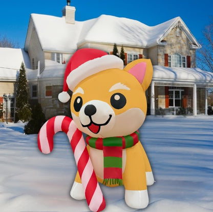GOOSH 5.2FT Christmas Dog Inflatable with Candy Cane, Santa Hat, and LED Lights