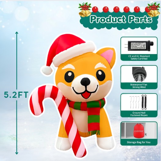 GOOSH 5.2FT Christmas Dog Inflatable with Candy Cane, Santa Hat, and LED Lights