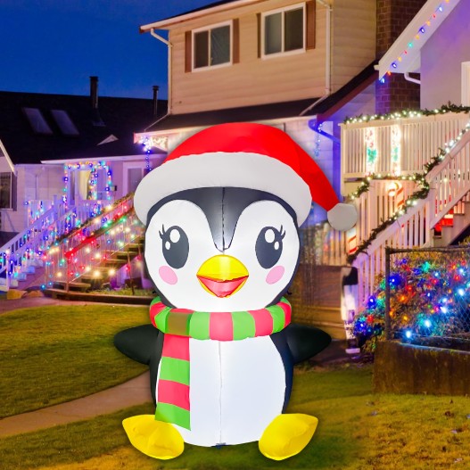 GOOSH 5FT Christmas Penguin Inflatable with Santa Hat, Scarf, and LED Lights