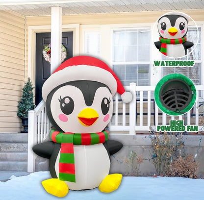 GOOSH 5FT Christmas Penguin Inflatable with Santa Hat, Scarf, and LED Lights