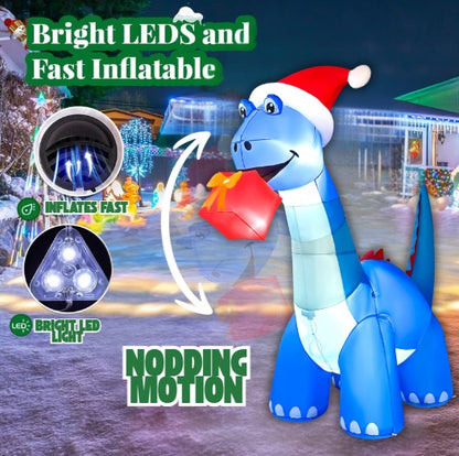 GOOSH 10FT Animated Blue Dinosaur Inflatable with Nodding Head and LED Lights