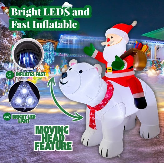 GOOSH 6.5FT Animated Santa Riding Polar Bear Inflatable Outdoor Christmas Yard Decoration