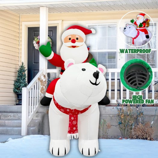 GOOSH 6.5FT Animated Santa Riding Polar Bear Inflatable Outdoor Christmas Yard Decoration