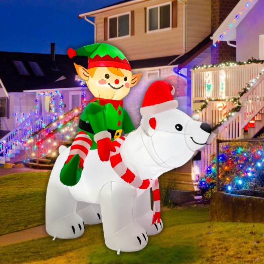 GOOSH 6FT Animated Elf Riding Polar Bear Inflatable Outdoor Christmas Yard Decoration