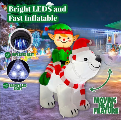 GOOSH 6FT Animated Elf Riding Polar Bear Inflatable Outdoor Christmas Yard Decoration