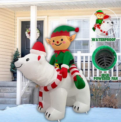 GOOSH 6FT Animated Elf Riding Polar Bear Inflatable Outdoor Christmas Yard Decoration