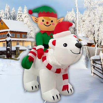 GOOSH 6FT Animated Elf Riding Polar Bear Inflatable Outdoor Christmas Yard Decoration