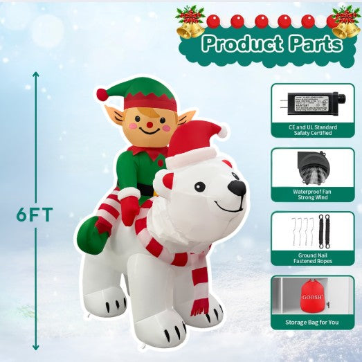 GOOSH 6FT Animated Elf Riding Polar Bear Inflatable Outdoor Christmas Yard Decoration