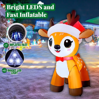 GOOSH 5FT Christmas Reindeer Inflatable with Santa Hat Outdoor Yard Decoration