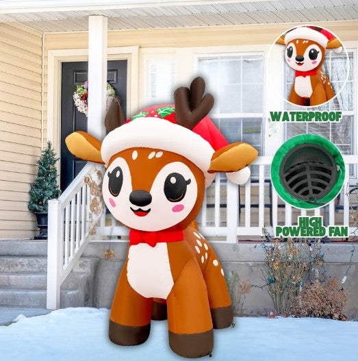 GOOSH 5FT Christmas Reindeer Inflatable with Santa Hat Outdoor Yard Decoration