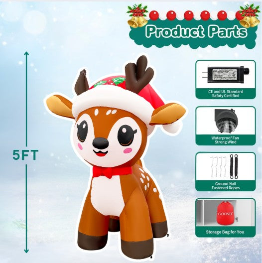 GOOSH 5FT Christmas Reindeer Inflatable with Santa Hat Outdoor Yard Decoration