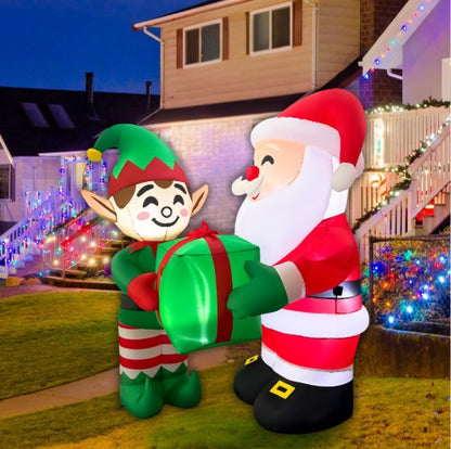 GOOSH 5FT Santa and Elf Inflatable with Gift Outdoor Christmas Yard Decoration